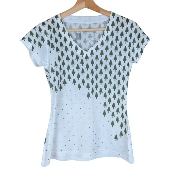 THREADLESS Women's White V-Neck Deforestation Short Sleeve Tee Size S Pine Trees - Picture 2 of 6